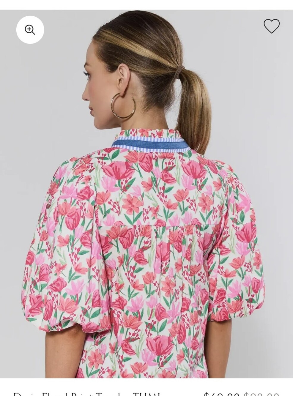 THML Pink Floral Puff Sleeve Top with Blue-Trim V-Neck - Picture 4 of 6